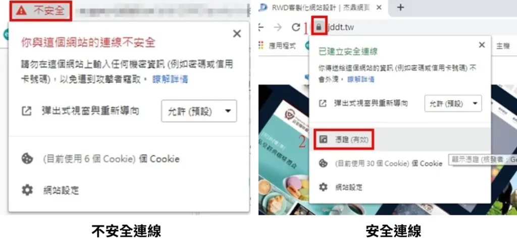 有無 SSL 憑證的差別網頁會提醒